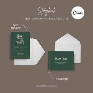 May include: Two green and gold wedding cards with a white envelope. The save the date card says "Save the Date" with the names Jane and William and the date Saturday June 24, 2021. The thank you card says "Thank You" with the text "From the bottom of our hearts".