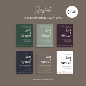 May include: Six different color variations of a wedding invitation template. The template features a simple design with the text "Please join us for the wedding of Jane & William" in a white font on a colored background. The text is surrounded by a decorative border.