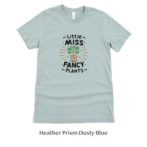 May include: A light blue t-shirt with the text "Little Miss Fancy Plants" and a graphic of a potted plant with green leaves.