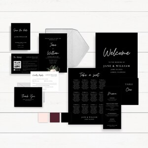 DIGITAL DOWNLOAD - Moody Floral Invitation Suite - Editable Canva Wedding Bundle - Black, Burgundy and Peach - Save the Date - RSVP
