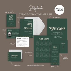 May include: Editable Canva template suite for a wedding. The suite includes a save the date card, invitation, RSVP card, seating chart, welcome sign, menu, and table numbers. The design features a green and gold color scheme with a floral motif.