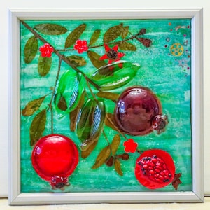 Pomegranate Framed Picture,  Pomegranate Art. Original Pomegranate Framed Art.  Hand Painted Original Judaica Art - # 3D-009