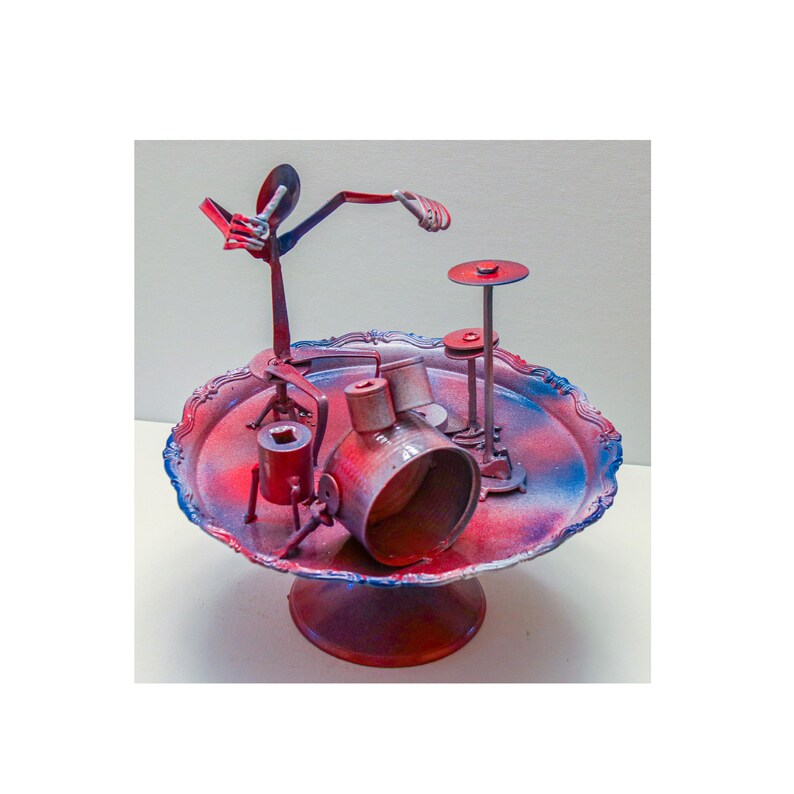 The Drummer. Drum Player - recycled art and authentic mounted on Metal Tray. Drum Sculpture. Silverware Musician. Drum Art. Metal Art. Drummer #2