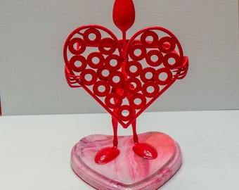 Heart - Silverware Person holding a Painted Metal Heart.  Hand Made, one of a kind Heart. . Stands 9-3/4" Tall. - Valentine's Day Heart