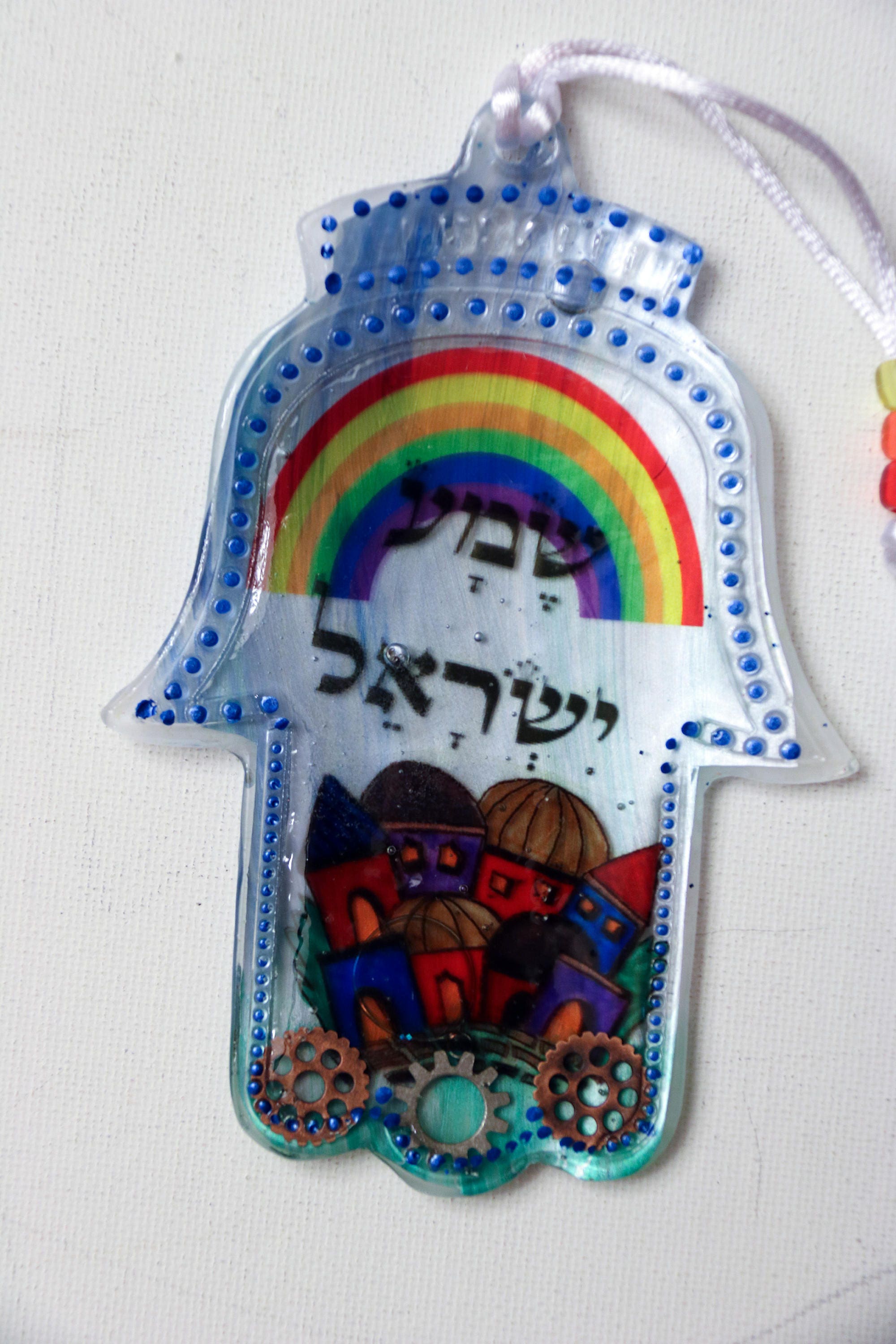 Rainbow Shalom Hamsa. Jerusalem Hamsa. Judaica Hamsa. Jewish Hamsa. Judaica Wall Hanging. Jewish