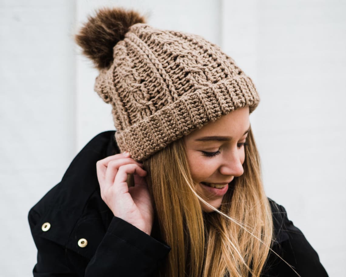 Women's Crochet Cable Beanie with Removeable Faux Fur Pom image 0