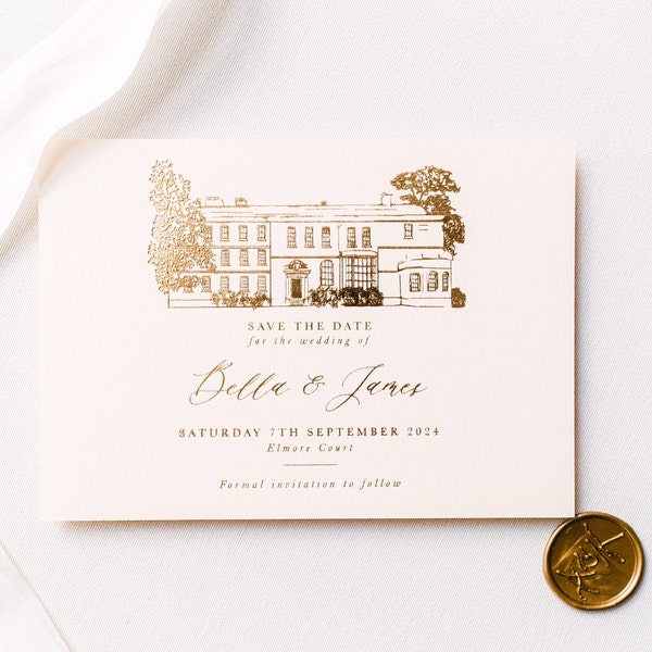 Wedding Venue Illustration  Save the Date Card, Bella Luxury Foil Venue Save the Date Cards, Gold Foil  Venue Illustration Save the Date