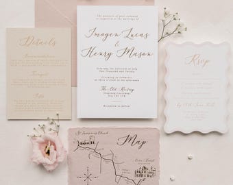 Bruidsuitnodigingenset in blushroze | Bruidsuitnodigingen met golvende gouden folie | Moderne luxe stationery