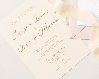 Gold Foiled Imogen Wedding Invitation Card, Luxury Foiled Invitation Cards, Hand Pressed Minimal Luxury Foil Invites