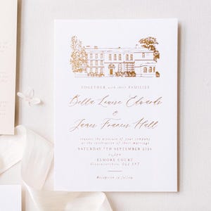 Wedding Venue Gold Foil Wedding Invitation Card, Luxury Foiled Invitation Cards, Venue Illustration Invite, Luxury Foil Invites