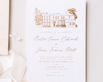 Venue Illustration Wedding Invitation | Personalised Wedding Invitations | Luxury Gold Foil Wedding Stationery