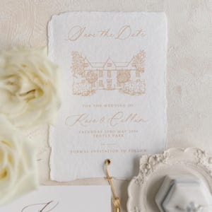 Ilustración del lugar de la boda, tarjeta de invitación para guardar la fecha, tarjetas de invitación de lujo para el lugar, lámina dorada, papel hecho a mano, invitación para guardar la fecha con borla