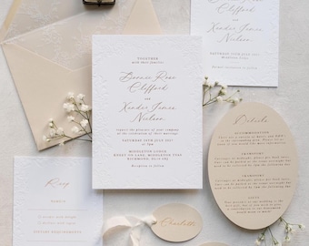Debossed Wedding Invitation Suite – Floral Border, Gold Foil, Fine Art Luxury Stationery