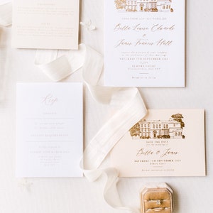 Illustration du lieu de mariage, carte « Save the Date » pour le lieu du mariage, cartes « Save the Date » en aluminium de luxe Bella, illustration du lieu du mariage en feuille d'or « Save the Date »