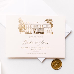 Illustration personnalisée du lieu, carte réservez votre date, croquis personnalisé dessiné à la main de lieu de mariage