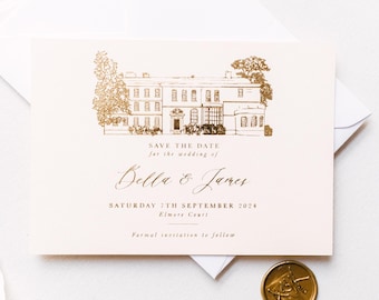 Ilustración del lugar: Tarjeta para guardar la fecha, boceto personalizado del lugar de la boda