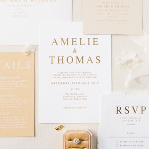 Gold Foiled Amelie Wedding Invitation Card, Luxury Foiled Invitation Cards, Hand Pressed Minimal Luxury Foil Invites