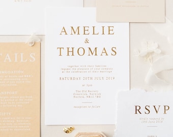 Gold Foiled Amelie Wedding Invitation Card, Luxury Foiled Invitation Cards, Hand Pressed Minimal Luxury Foil Invites