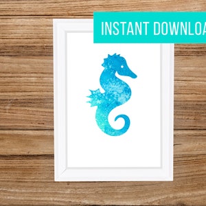 Blue Seahorse Ocean Watercolor Print - Printable - Instant Digital Download - 5x7 - 8x10 - 11x14 - OCEAN02 - Blue Green