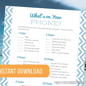 What&#39;s on Your Phone? - Baby shower game activity - blue - boy baby shower - printable - instant download (FF03)