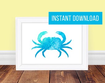 Blue Green Crab Ocean Watercolor Print - Printable - Instant Digital Download - 5x7 - 8x10 - 11x14 - OCEAN02 - Blue Green