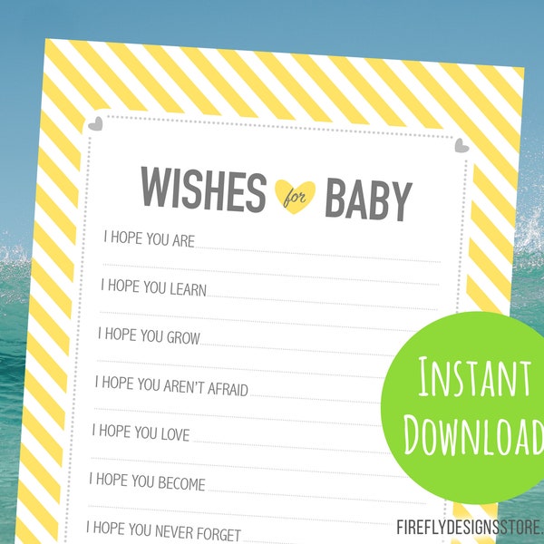 Wishes for Baby - Baby Shower Game Activity - Yellow and Gray - Elephant - Printable Instant Download (FF06)