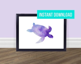 Purple Turtle Watercolor Print - Ocean Printable - Instant Digital Download - 5x7 - 8x10 - 11x14 - OCEAN03 - Purple Blue