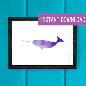 Purple Narwhal Watercolor Print - Ocean Printable - Instant Digital Download - 5x7 - 8x10 - 11x14 - OCEAN03 - Purple Blue