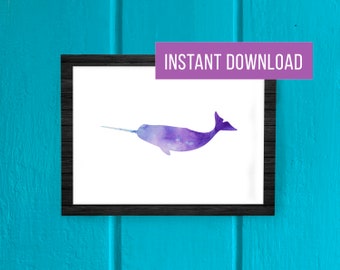 Purple Narwhal Watercolor Print - Ocean Printable - Instant Digital Download - 5x7 - 8x10 - 11x14 - OCEAN03 - Purple Blue
