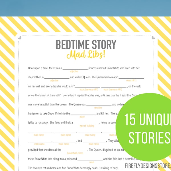 Baby Shower Mad Libs - Bed Time Story MadLibs - Baby Shower Game - Unique Activity - Yellow Gray - Printable Instant Download (FF06)