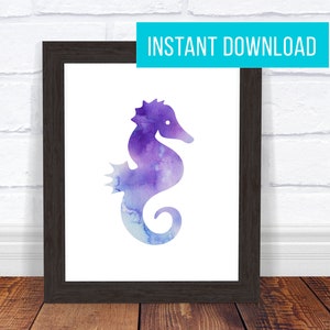 Purple Seahorse Watercolor Print - Ocean Printable - Instant Digital Download - 5x7 - 8x10 - 11x14 - OCEAN03 - Purple