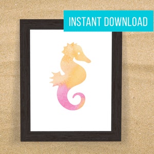 Pink Seahorse Watercolor Print - Ocean Printable - Instant Digital Download - 5x7 - 8x10 - 11x14 - OCEAN04 - Orange