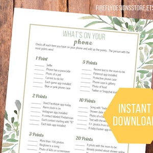 What&#39;s on Your Phone? - Baby shower game activity - green gold botanical - printable - instant download (FF05)