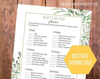 What's on Your Phone? - Baby shower game activity - green gold botanical - printable - instant download (FF05)