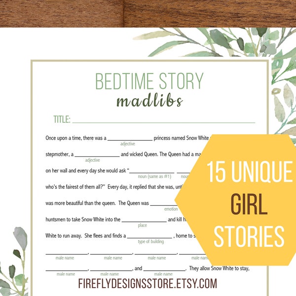 Bed Time Story Mad Libs - Baby Shower Madlib - Unique Activity - Green Gold Botanical Geometric Greenery - Printable Instant Download (FF05)