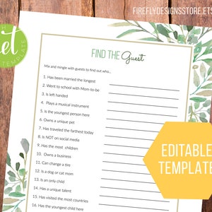 Find the Guest - Editable Template - Ice Breaker - Try Before You Buy - JetTemplate - Green Gold Greenery Eucalyptus - Baby Shower (FF05)