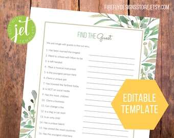 Find the Guest - Editable Template - Ice Breaker - Try Before You Buy - JetTemplate - Green Gold Greenery Eucalyptus - Baby Shower (FF05)