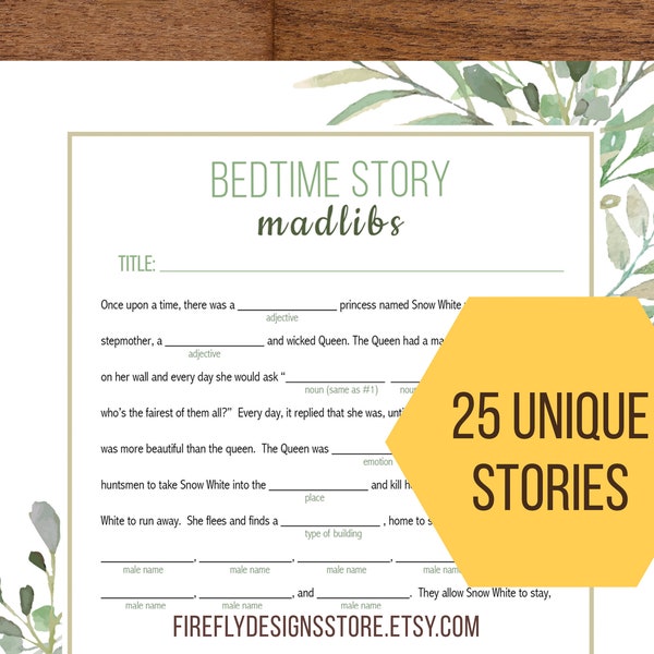 Bed Time Story Mad Libs - Baby Shower Madlib - Unique Activity - Green Gold Botanical Geometric Greenery - Printable Instant Download (FF05)