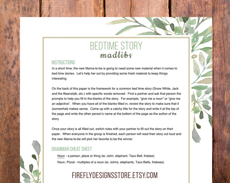 Bed Time Story Mad Libs Baby Shower Game Unique Activity - Etsy