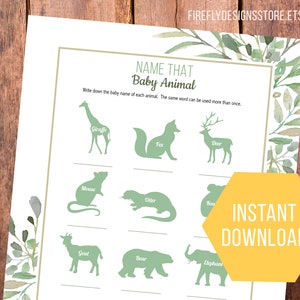 Name That Baby Animal - Baby Shower Game Activity - Green Gold Botanical Geometric Greenery - Printable Instant Download (FF05)