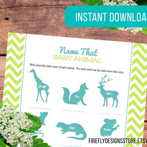 Blue Green - Name That Baby Animal - Baby Shower Game Activity - Lime Teal Aqua Turquoise - Printable Instant Download (FF01)