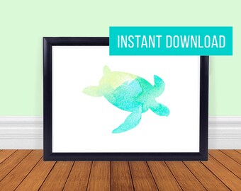Green Sea Turtle Ocean Watercolor Print - Printable - Instant Digital Download - 5x7 - 8x10 - 11x14 - OCEAN01 - Green Turquoise Yellow