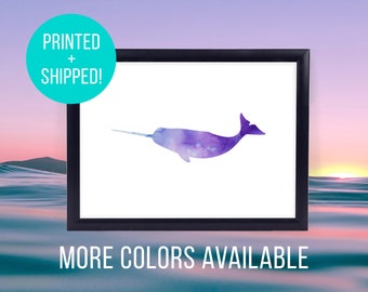 Narwhal Watercolor Print - Ocean Watercolor - Physical Print - Purple, Blue, Orange, Pink, Aqua, Red, Orange