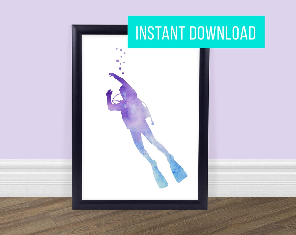 Purple Scuba Diver Watercolor Print - Ocean Printable - Instant Digital ...
