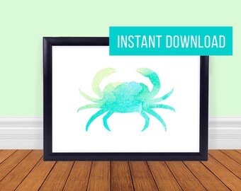 Green Crab Ocean Watercolor Print - Printable - Instant Digital Download - 5x7 - 8x10 - 11x14 - OCEAN01 - Green Turquoise Yellow