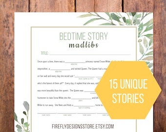 História para dormir Mad Libs - Chá de bebê Madlib - Atividade única - Verde dourado botânico geométrico - Download instantâneo para impressão (FF05)