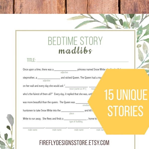 Bed Time Story Mad Libs - Baby Shower Madlib - Unique Activity - Green Gold Botanical Geometric Greenery - Printable Instant Download (FF05)