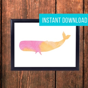 Pink Whale Watercolor Print - Ocean Printable - Instant Digital Download - 5x7 - 8x10 - 11x14 - OCEAN04 - Orange