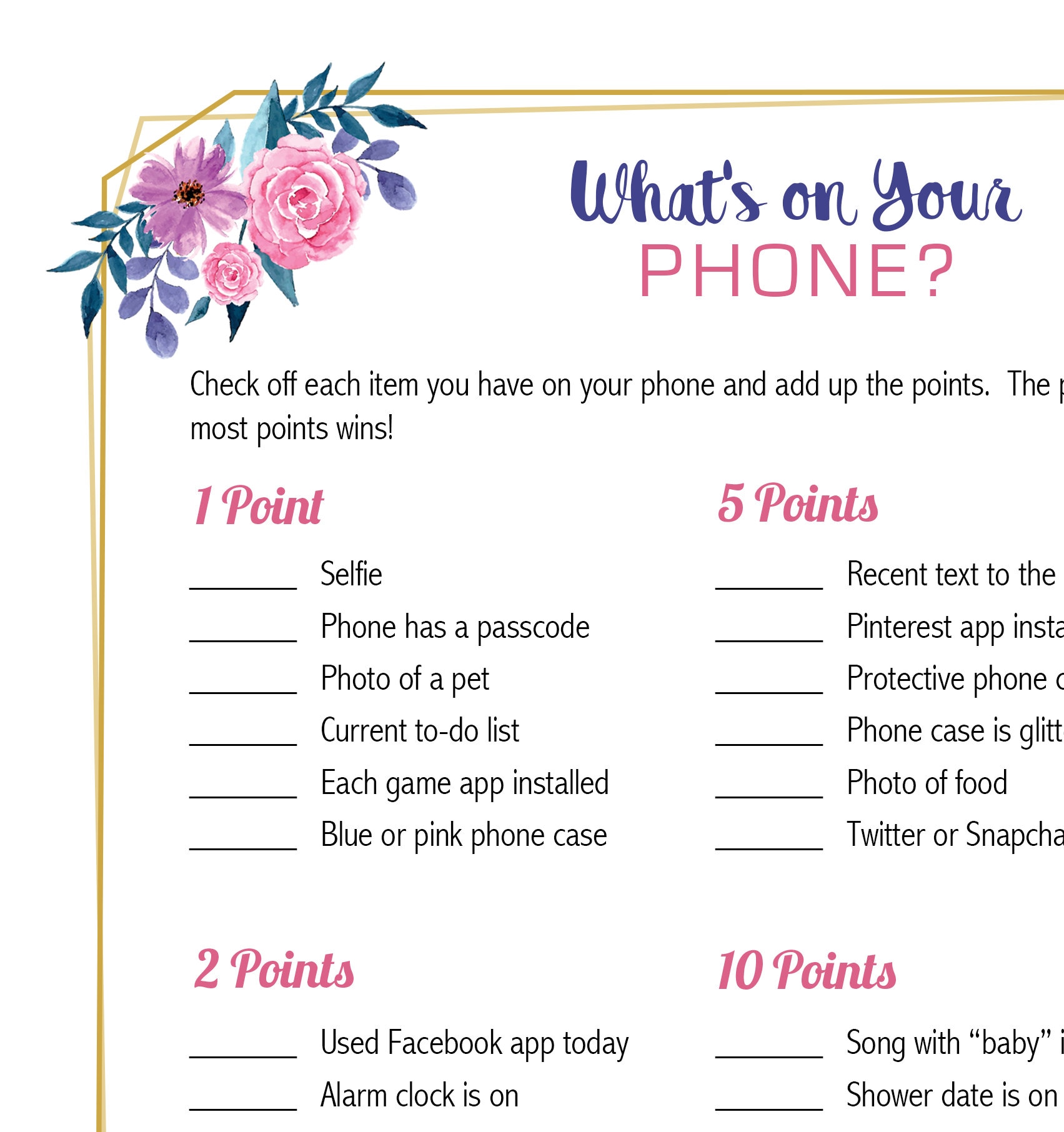 What's on Your Phone Baby Shower Game Activity Pink Purple Gold