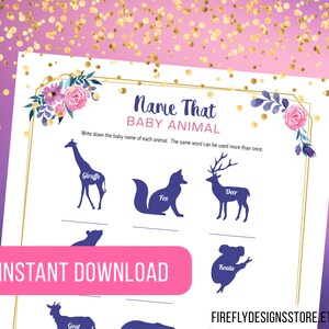 Name That Baby Animal - Baby Shower Game - Pink Purple Gold Baby Shower - Printable Instant Download (FF04)